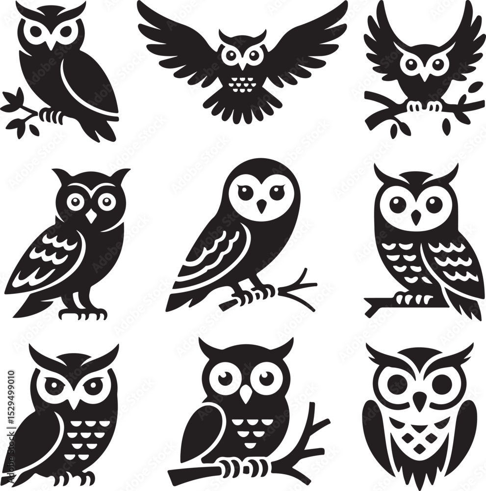 Fototapeta premium Owl Silhouette Bundle, 10 Black Owl Vector Designs, Flying Owl, Owl on Branch, Cute Owl, Tribal Owl and More