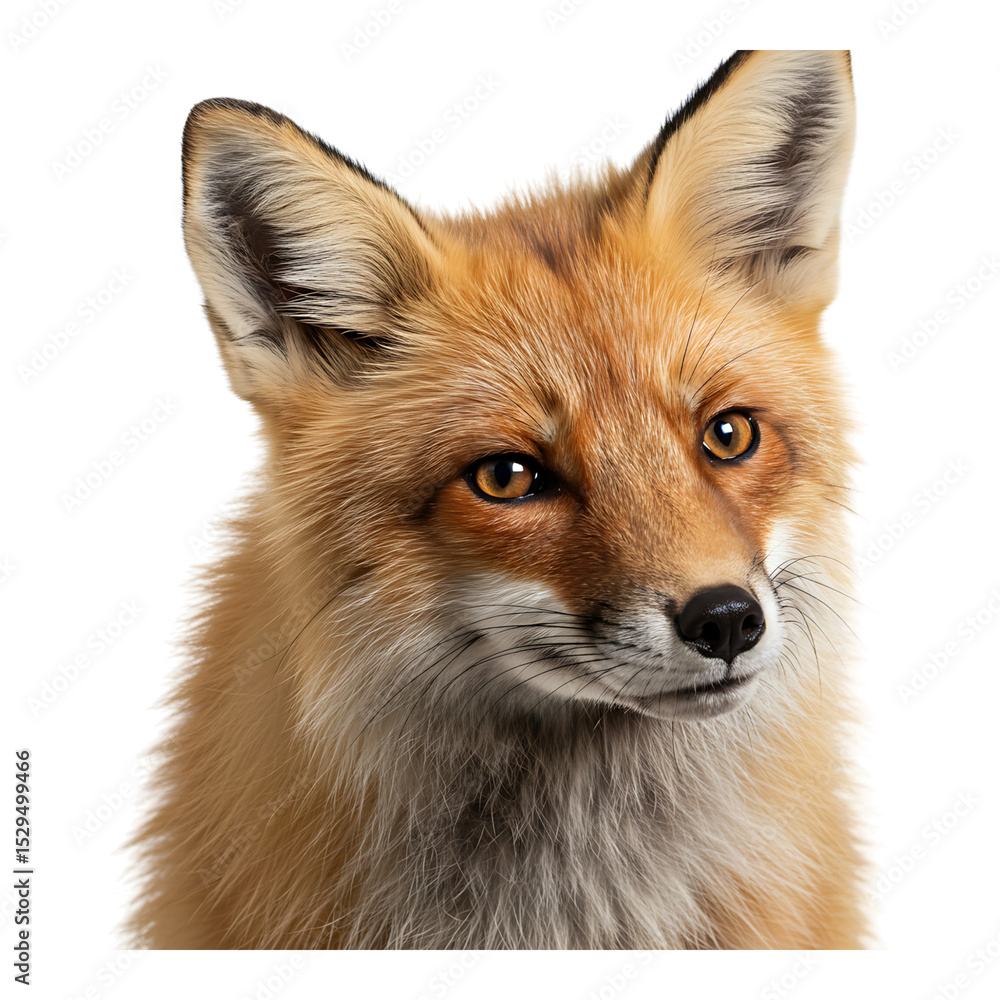 Fototapeta premium Fox with focused gaze looking straight ahead, orange fur and white chest visible, ideal for natural wildlife photography
