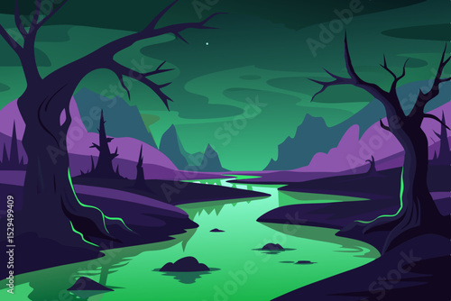 Mysterious green river in a dark fantasy landscape