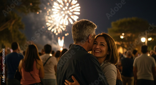 Happy loving couple watching fireworks.