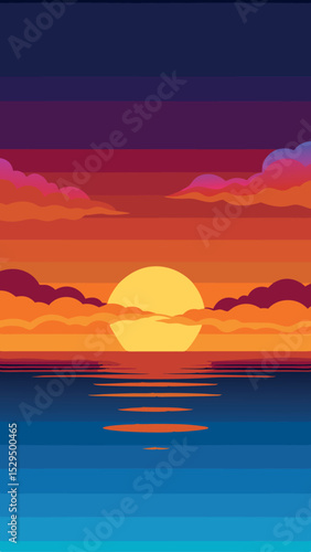 Brilliant sunset with emphasis on the gradient of color from brown sand, cyan water reds and oranges in the setting sun to deep indigo at the top of the sky Puffy clouds reflect the light wallpaper
