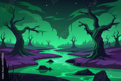 Eerie green swamp at night with twisted trees