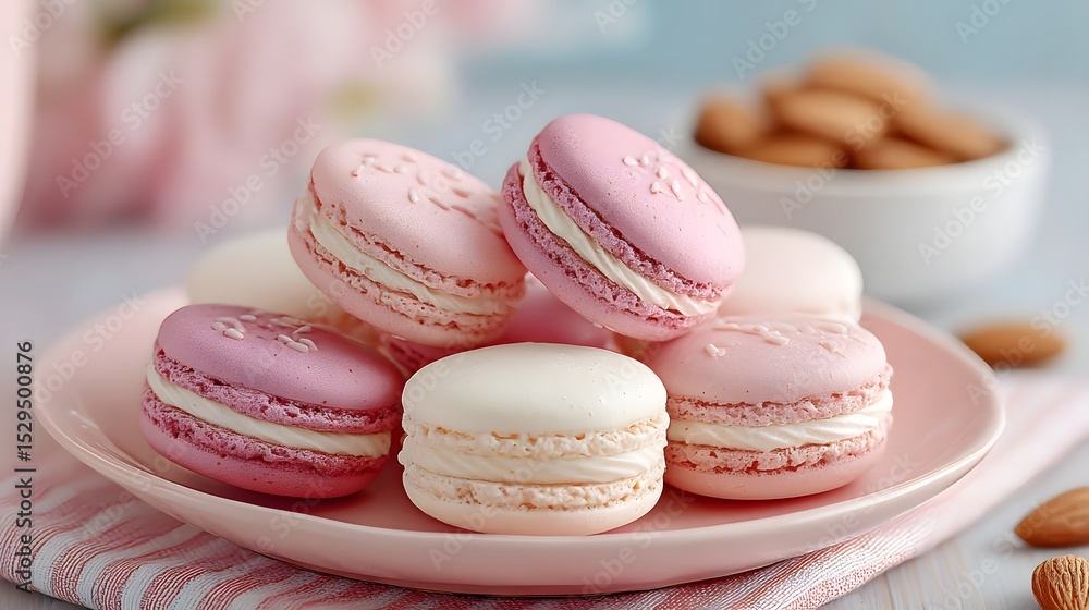 Obraz premium Delightful Assortment of Pink and White Macarons on a Soft Pink Plate Decorated with Almonds