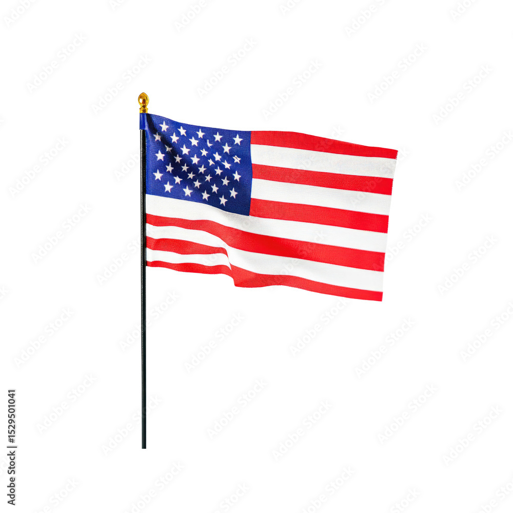 Fototapeta premium American Flag Waving on a Flagpole Against a Transparent Background
