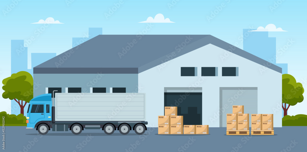 Obraz premium Modern warehouse building scene in flat style. Truck and with boxes. Warehouse and logistic management. Vector stock