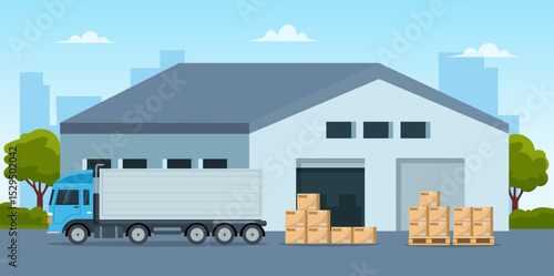 Modern warehouse building scene in flat style. Truck and with boxes. Warehouse and logistic management. Vector stock
