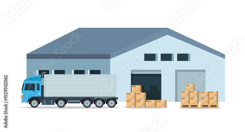 Modern warehouse building isolated on white background. Truck and with boxes. Warehouse and logistic management. Vector stock