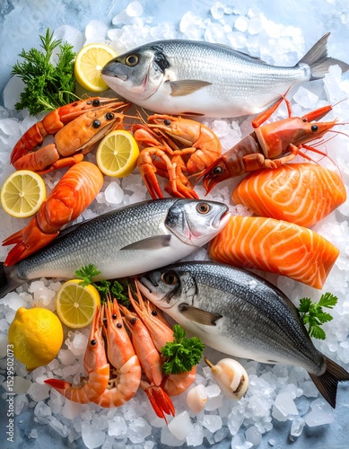 Fresh seafood assortment on ice featuring fish shrimp and salmon