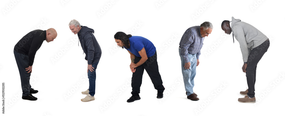 © Curto - side view of group of men leaning forward and looking at the ground on a white background © Curto - side view of group of men leaning forward and looking at the ground on a white background