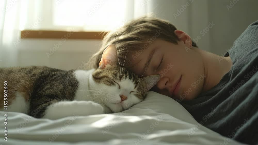 Peaceful moment of a man and his cat, symbolizing trust and love between pets and their owners. Peaceful moment of a man and his cat, symbolizing trust and love between pets and their owners.