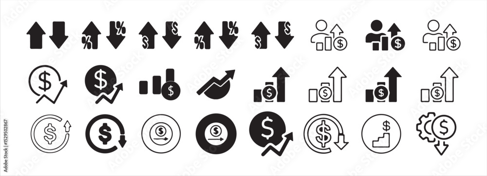 Obraz premium Business Finance and Growth Icons Set. Dollar Symbols, Charts, and Market Trends in Line and Solid Style. Victor illustration eps 10