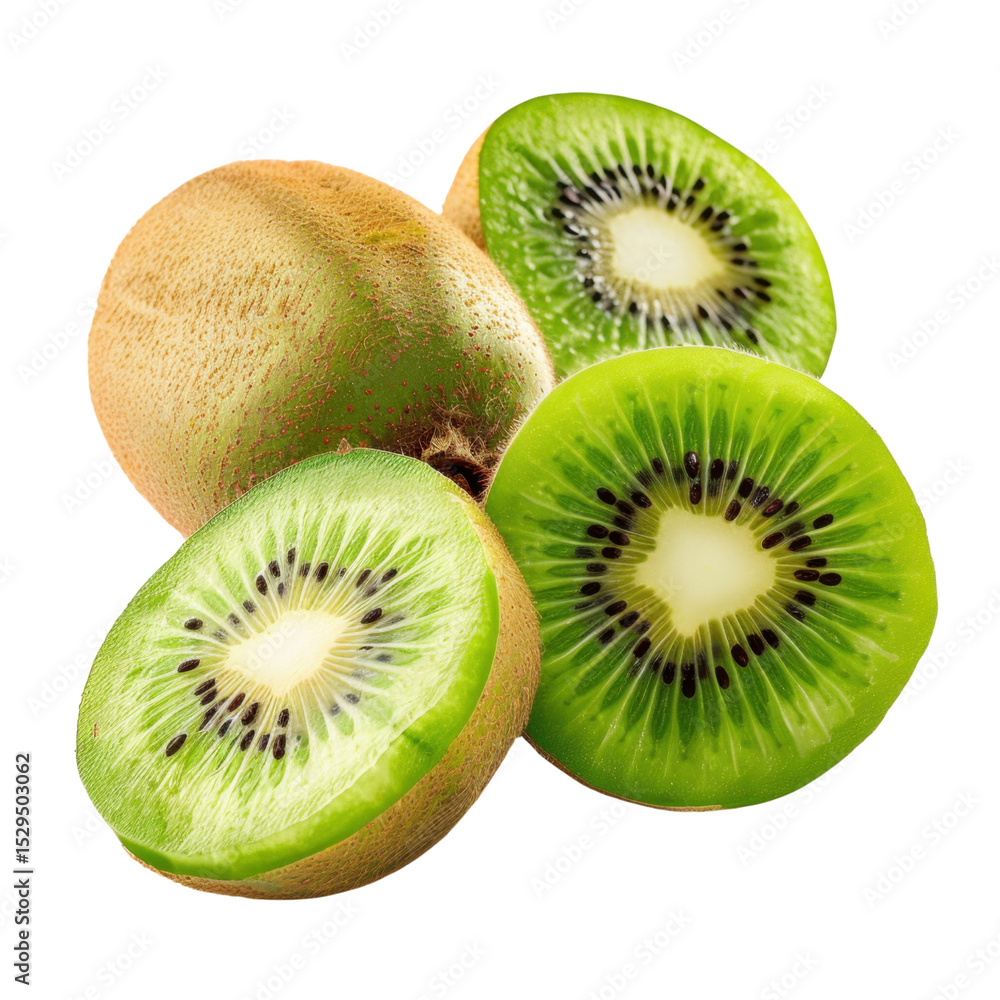 Fototapeta premium Fresh kiwi fruit, vibrant green flesh, and brown fuzzy skin create delightful visual. juicy texture and unique flavor make it popular choice for healthy snacks and desserts
