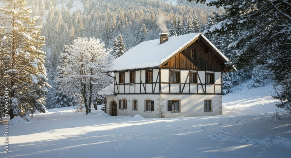 Snowy chalet nestled in a wintry valley Snowy chalet nestled in a wintry valley