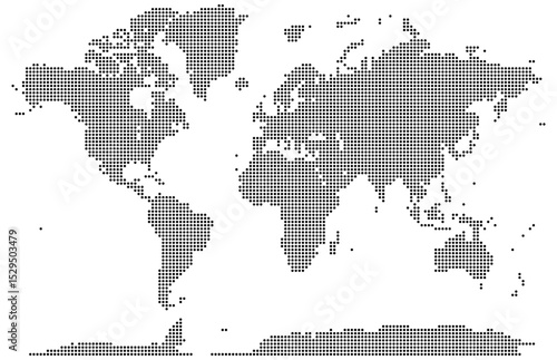 Abstract dotted world map showing land masses and countries in a minimalist vector layout. Earth map design in dotted format representing continents. Useful digital cartography and info graphic design