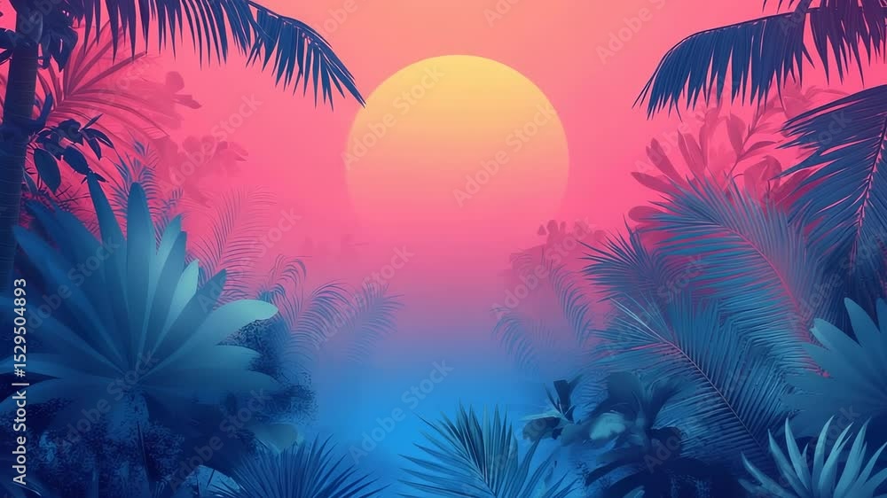 Vibrant tropical sunset with palm trees and colorful sky gradient, serene nature scene Vibrant tropical sunset with palm trees and colorful sky gradient, serene nature scene