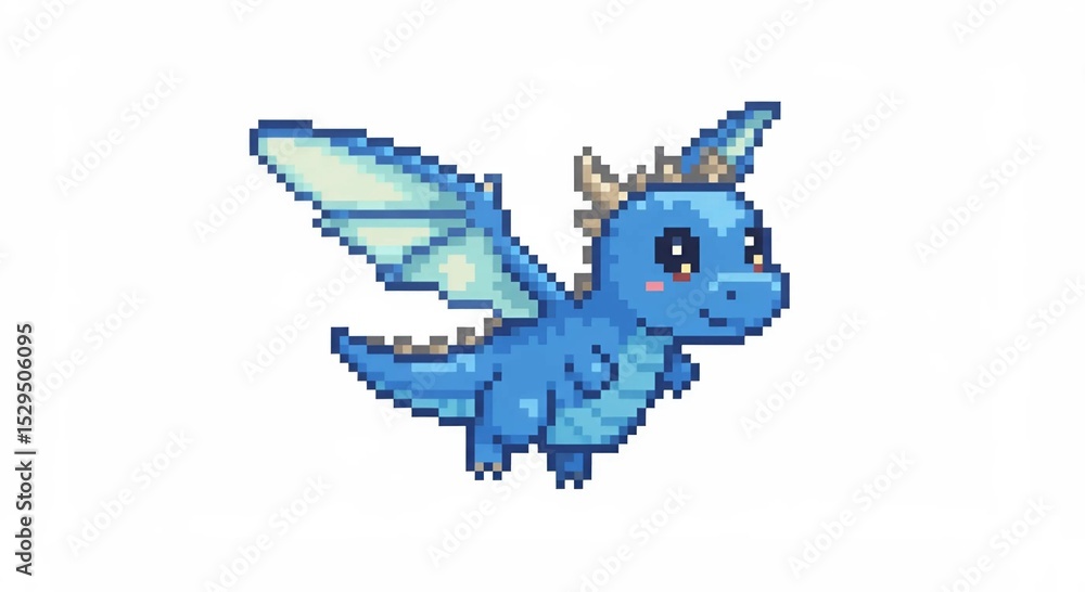 Fototapeta premium Tiny Flying Blue Dragon Pixel Art – Fantasy Style 