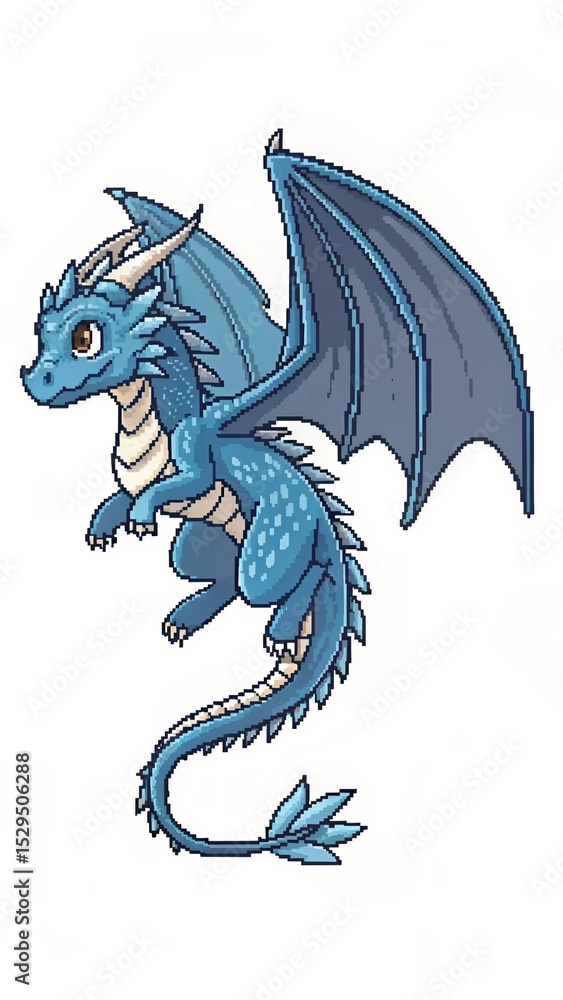 Fototapeta premium Tiny Flying Blue Dragon Pixel Art – Fantasy Style 