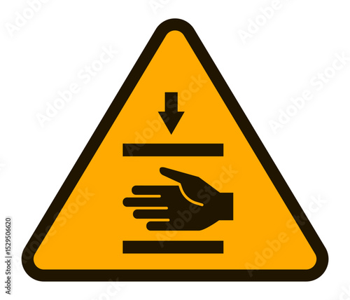 Yellow triangular warning sign featuring a hand, two horizontal black bars, and a downward pointing arrow, symbolizing a potential crushing hazard in industrial settings