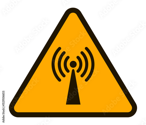 Yellow triangular warning sign featuring a stylized antenna emitting radio waves, symbolizing the potential health risks associated with exposure to non ionizing radiation