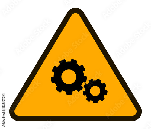 Yellow triangular warning sign featuring two gears, symbolizing potential hazards associated with automated machinery and industrial processes, emphasizing workplace safety and risk prevention