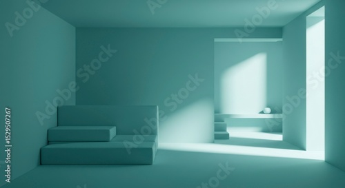 Wallpaper Mural Minimalist teal room with stepped platforms, sunlight streaming through a window Torontodigital.ca