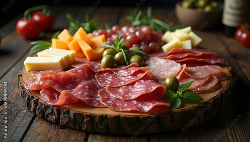 Delicious charcuterie board with salami cheese grapes and olives on wooden table Delicious charcuterie board with salami cheese grapes and olives on wooden table