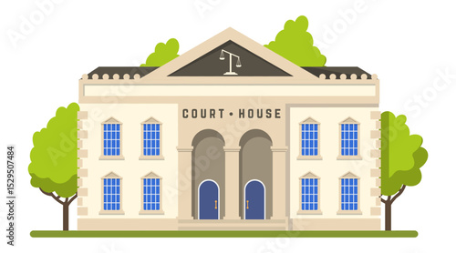 Courthouse building with scales of justice symbol on facade representing law, government, and justice system, with trees and lawn surrounding the building