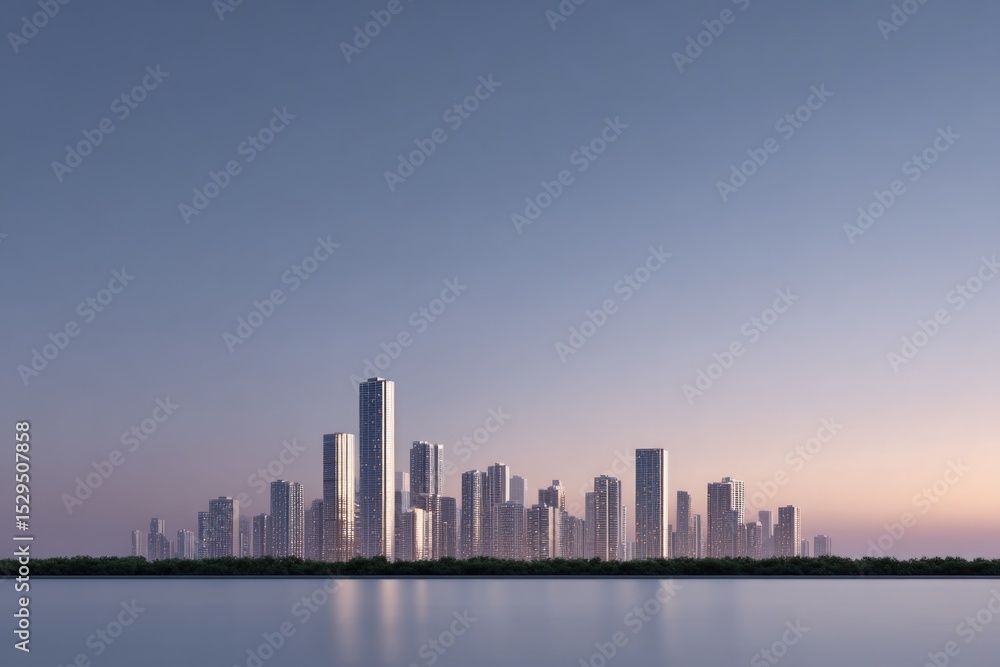 Naklejka premium minimalistic futuristic cityscape at dusk with neon lights reflecting on slick surfaces copy space