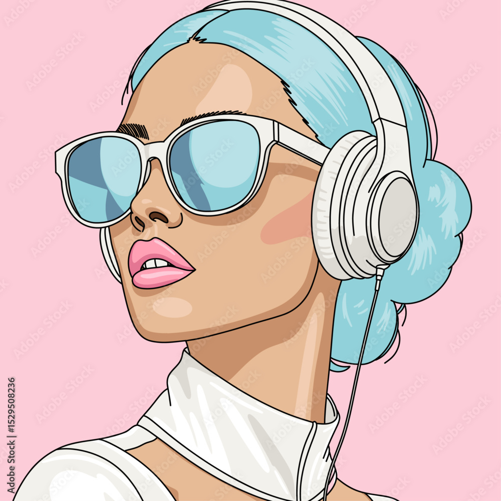 Portrait of  a  Night life. Stylish Futuristic Fashion Young Woman with Trendy Urban Outfit, Blue Hair. Silver Headphones and Reflective Neon Eyewear. on Pink Background
