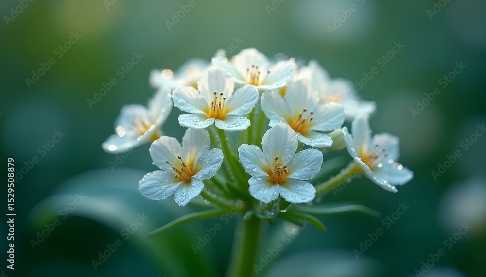 Delicate White Flowers with Water Droplets in a Serene Green Garden Delicate White Flowers with Water Droplets in a Serene Green Garden