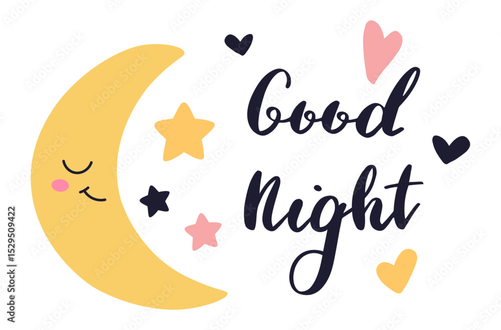 Fototapeta premium Cute crescent moon with closed eyes, surrounded by vibrant stars and hearts, creating a whimsical good night scene perfect for enhancing kids' bedroom decor. Ideal for fostering sweet dreams