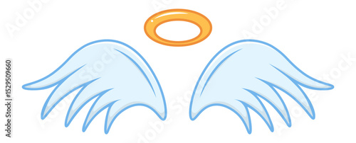 Cartoon angel wings and halo floating, symbolizing spirituality, freedom, and divine presence, ideal for religious or inspirational designs