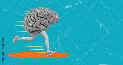 The brain with a running foot symbolizes a healthy mind and psychology. Cognitive agility is the concept of mental training.