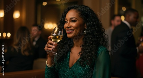 Smiling woman in a green sequined dress enjoys a glass of wine in a stylish bar