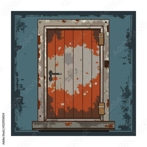 Rusty Metal Door Illustration with Grunge Wall, Industrial Abandonment Concept