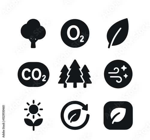 Tree-Clean Air Icons Set. Solid, filled icons set of tree-based clean air initiatives: tree icon, oxygen icon,