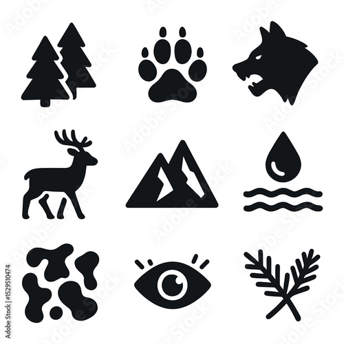 Wilderness Animal Icons. Solid, filled icons set of wilderness animal interactions: forest icon, animal track,