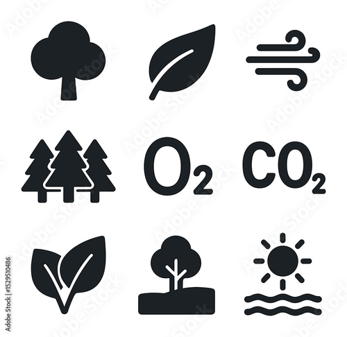 Eco-Friendly Tree Icons. Solid, filled icons set of trees improving air quality: tree icon, leaf icon, fresh