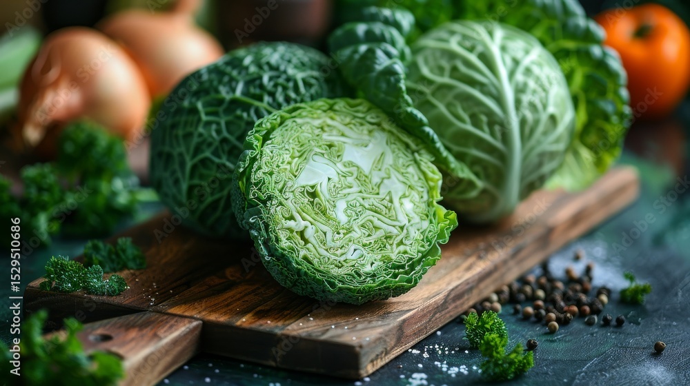 Fototapeta premium A beautifully arranged display of fresh green cabbages, showcasing their vivid textures and patterns on a rustic wooden board, perfect for food-related concepts.