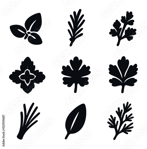Flavorful Herb Icons. Solid, filled icons set of flavorful herbs for chefs: basil icon, rosemary sprig, thyme