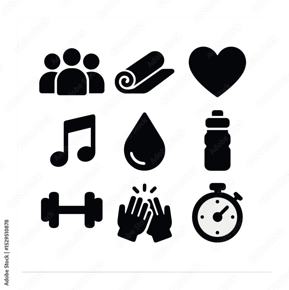 Obraz premium Team Fitness Icons. Solid, filled icons set of team fitness sessions: group icon, exercise mat, heart icon,