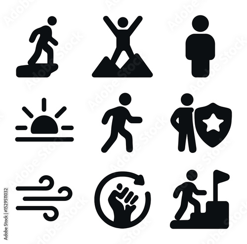 Icons of Courage. Solid, filled icons set of personal triumph and bravery: cliff edge, mountain top, person