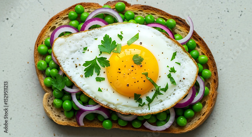  healthy and colorful breakfast toast topped with a perfectly fried egg, fresh green peas, and vibrant red onion slices, close-up shot