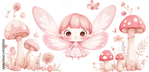 Watercolor illustration of a cute fairy with pink hair and wings surrounded by mushrooms flowers and butterflies creating a whimsical and magical scene perfect for