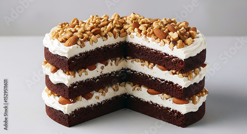 magnificent chocolate walnut cake with creamy frosting and almonds, showcasing a missing slice, revealing its beautiful layers, perfect for sharing