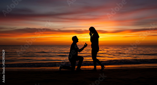 Romantic sunset beach proposal silhouette
