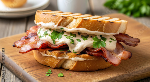 appetizing bacon and lettuce sandwich with a generous dollop of creamy sauce, garnished with fresh herbs on a wooden cutting board