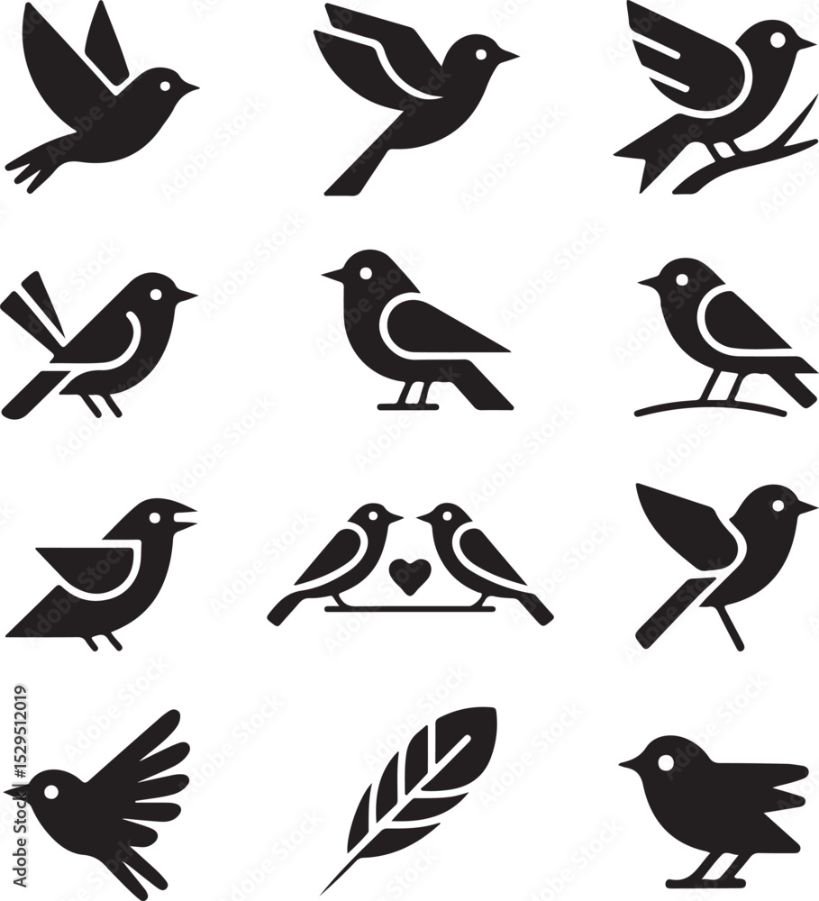 Fototapeta premium Minimalist Bird Icons – Modern Vector Set of 10 Black Birds – Geometric, Origami, Love Birds, Feather, and Abstract Designs