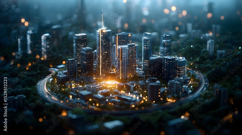 Fototapeta premium Breathtaking aerial view of a modern dynamic city skyline at night filled with towering skyscrapers illuminated streets and a network of roads and traffic