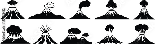 Set of black silhouette volcanoes erupting with smoke, ash, lava, and fiery designs, perfect for illustrating volcanic eruptions, natural disasters flat vector illustration